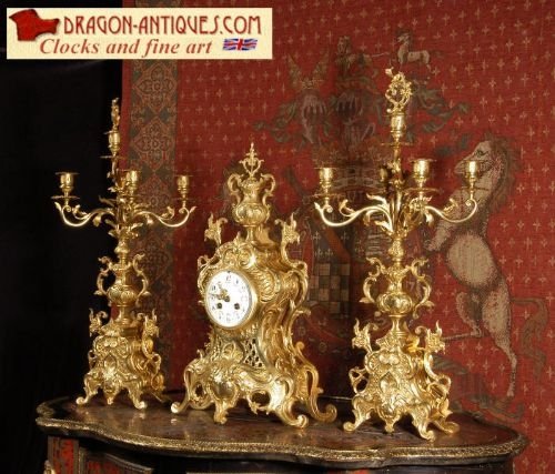Rococo Antique French Clock Set - Large and Superb by Fritz Marti.